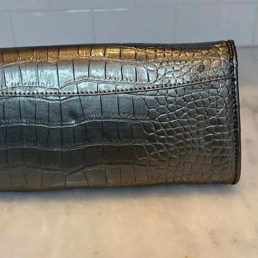 Ann Taylor LOFT purse silver metallic crocodile-embossed envelope clutch bag